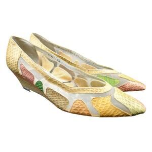 Vintage 80s JRenee Low Wedge Snakeskin Heel Pump Yellow Pink Green Sheer Retro 6